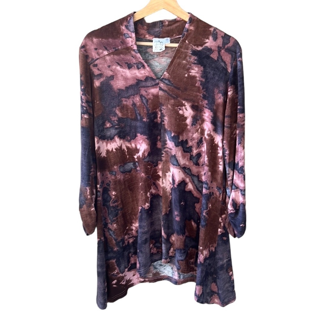 Parsley & Sage M Dark Tones Tie Dye Asymmetrical Tunic Top Stretch Long Sleeve